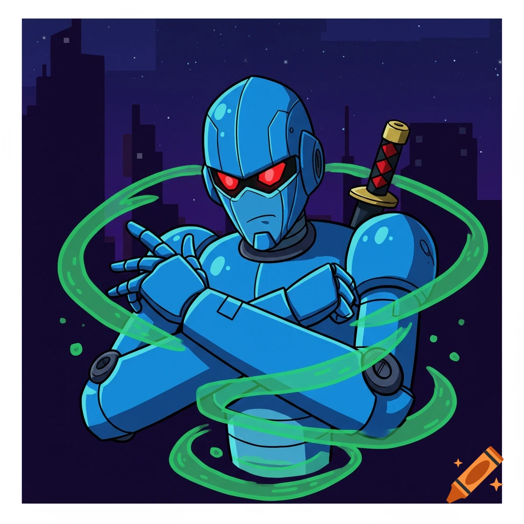 Cartoon robot ninja with glowing red eyes and a sword standing in a city at night