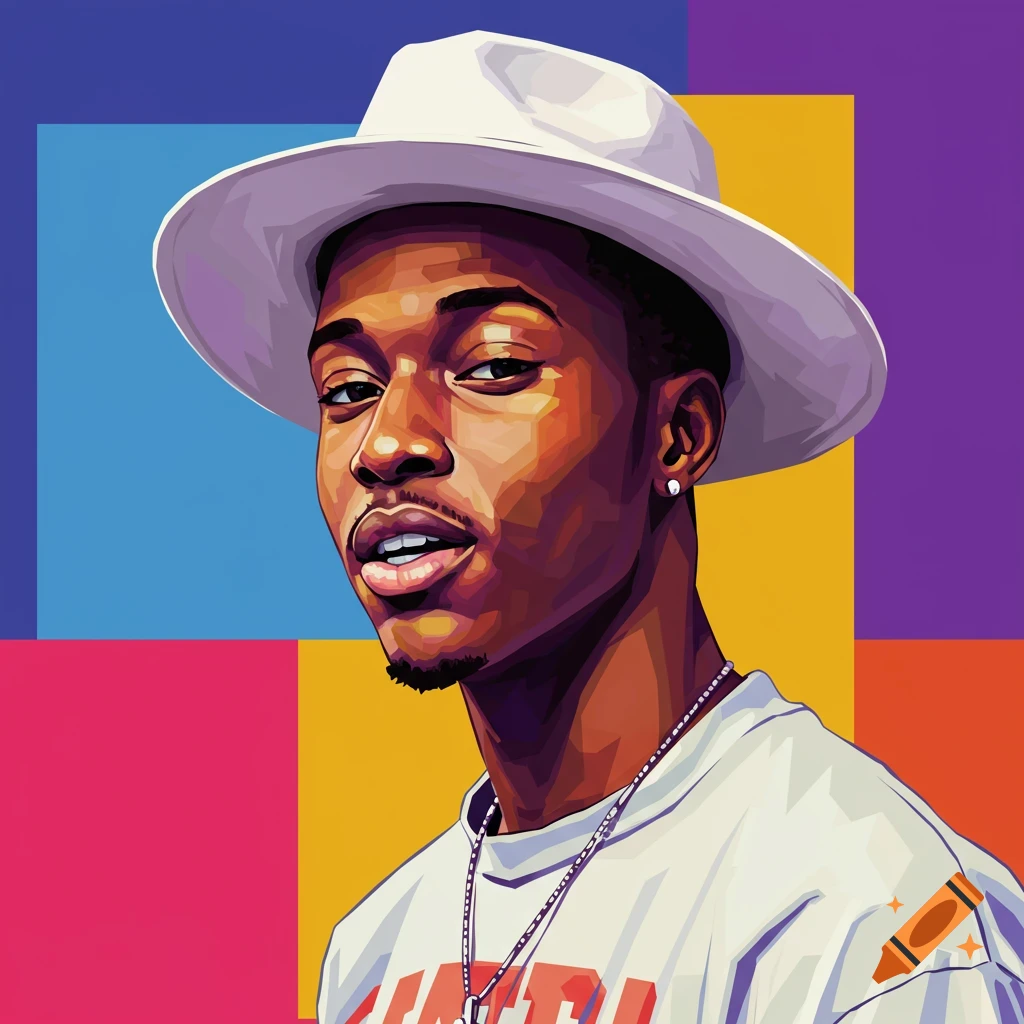 Portrait of a young Black man in a white hat and t-shirt against a colorful background.