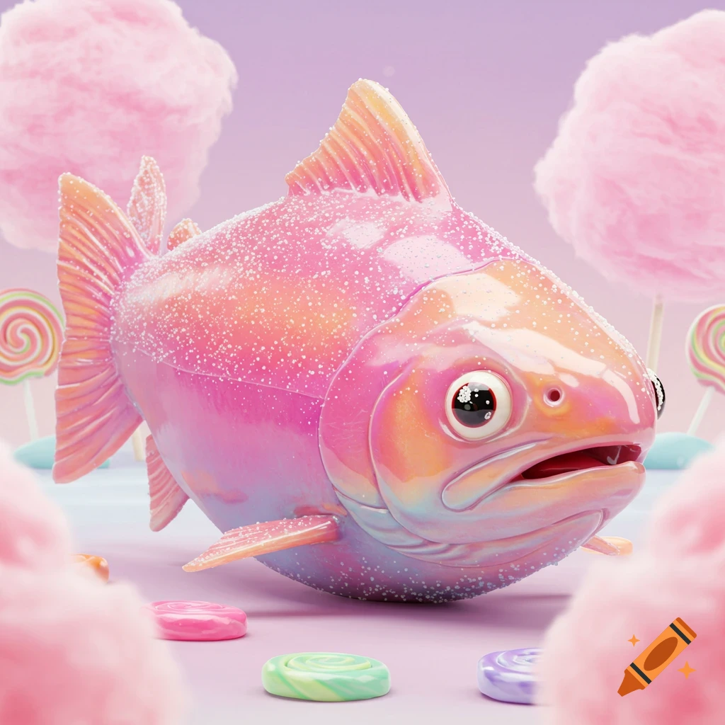 A pink and orange sugary fish in a candy landscape with cotton candy and lollipops, digital art.