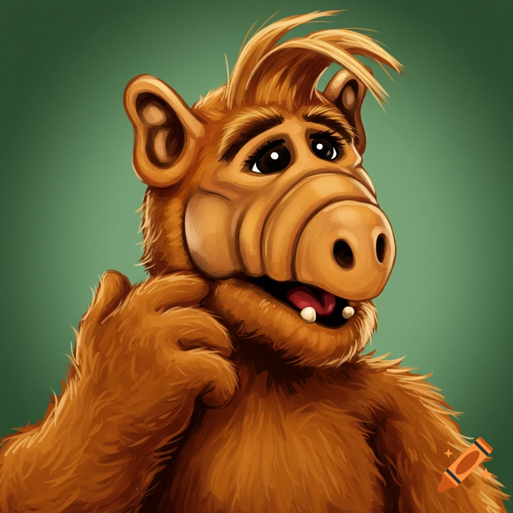 A portrait of ALF smiling against a green background.