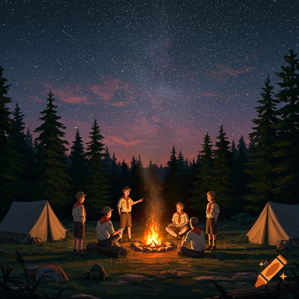 Boy scouts around a campfire in a forest under a starry night sky with tents.