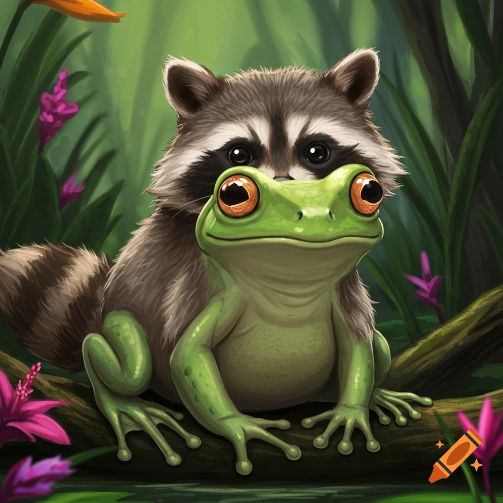 A raccoon and frog hybrid sitting on a branch in a jungle.