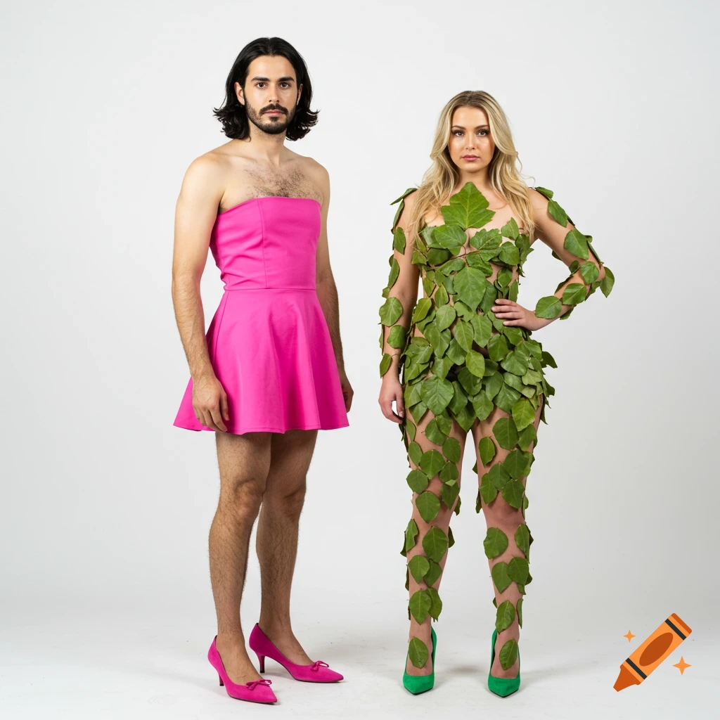 Two people in costumes stand in a white studio, a man in a pink dress and a woman in a suit made of leaves.