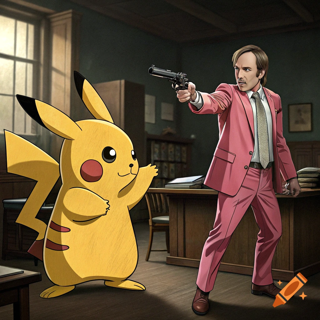 Illustration of Pikachu pointing a gun at Saul Goodman in an office.
