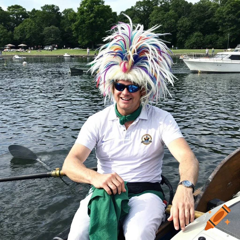 Man in rowing boat wears a large, spiky, colorful wig and sunglasses, smiling on a lake.