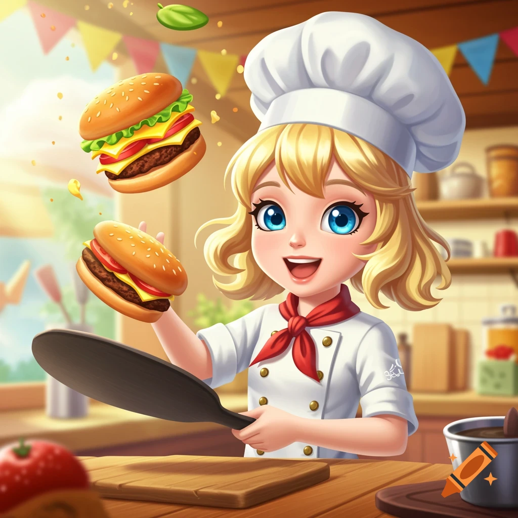 Cartoon girl chef flipping burgers in a kitchen