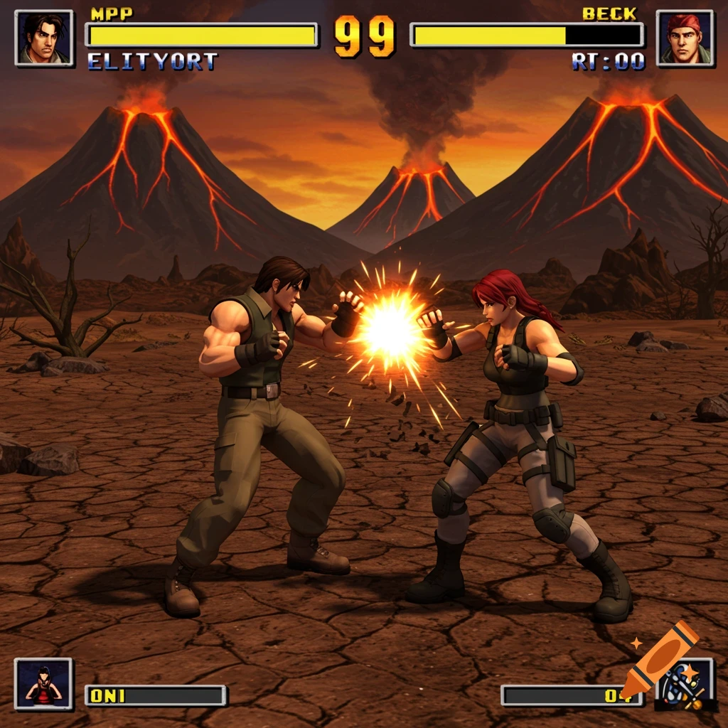 A fighting game scene rendered in PS1 3D style, showing two characters battling in a volcanic wasteland.