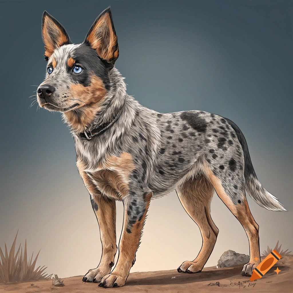 Illustration of a blue heeler dog standing on a dirt hill.