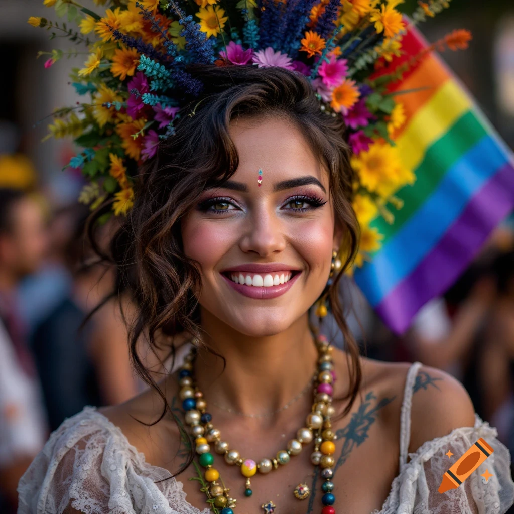 Smiling person with flower crown and necklace holding rainbow flag at an event.