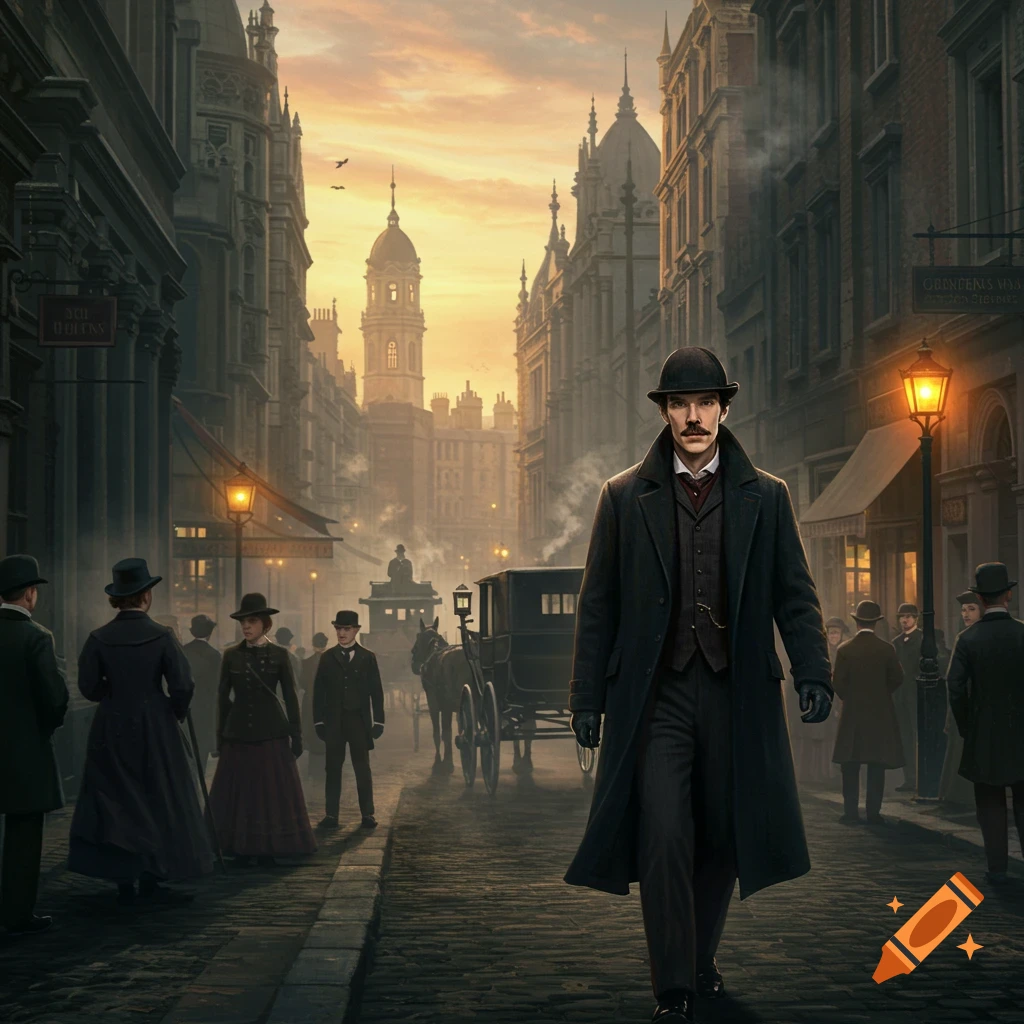 A man in a coat and hat walking through a smokey Victorian London street scene.