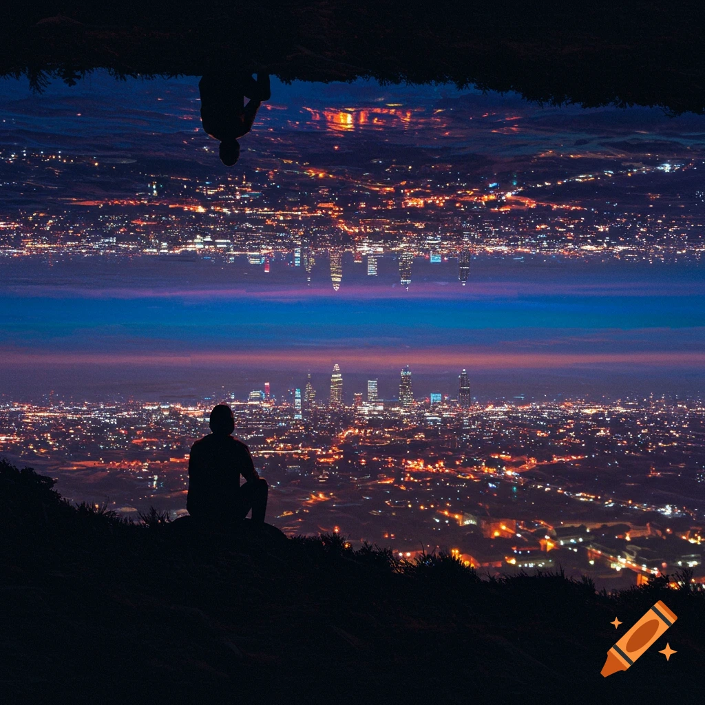 Silhouette of a person on a hill overlooking a city at night, with an inverted reflection of the city above.