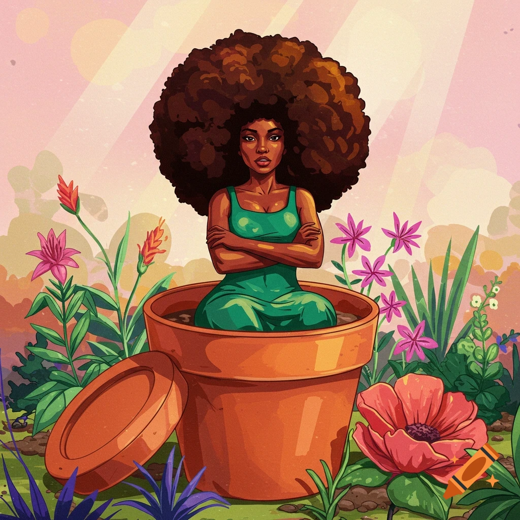 Illustration of a Black woman with an afro sitting in a flower pot surrounded by flowers