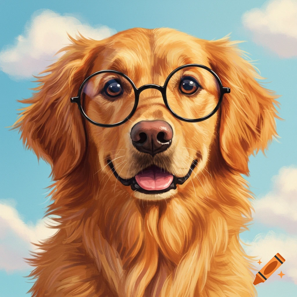 A golden retriever wearing glasses against a cloudy sky background.