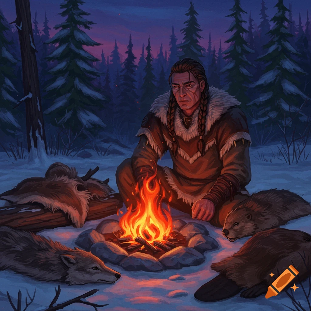 A man sits by a campfire in a snowy forest. A wolf and beavers are nearby.