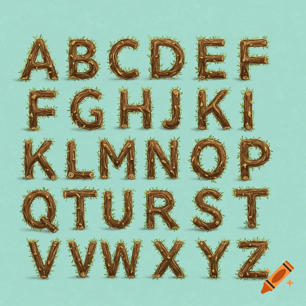 The English alphabet letters A through Z made of twigs with leaves, against a light blue-green background.