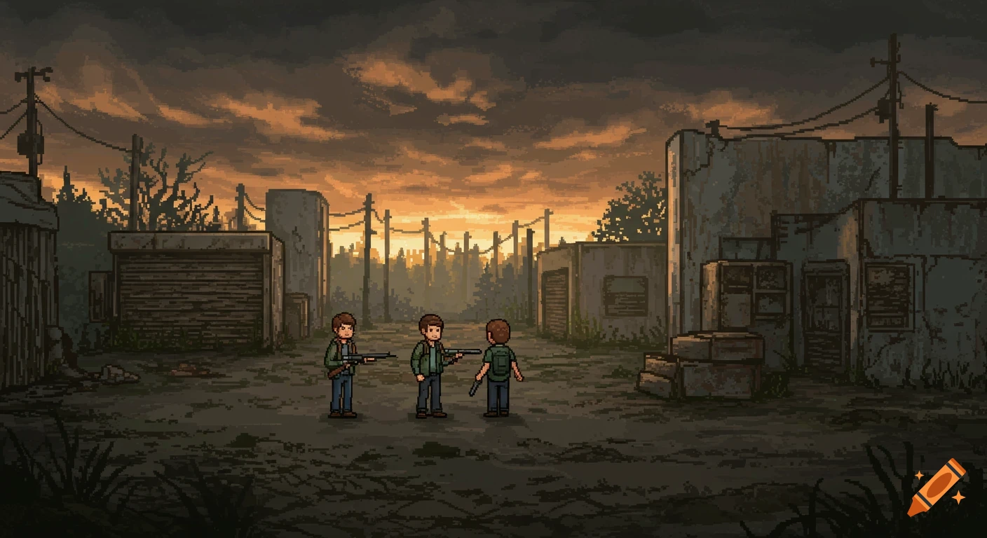 Pixel art scene of three characters with guns in a post-apocalyptic urban area at sunset, 16-bit game style.