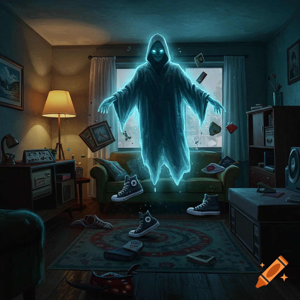 A glowing spectral figure hovers in a retro living room with levitating objects and shoes, digital art.