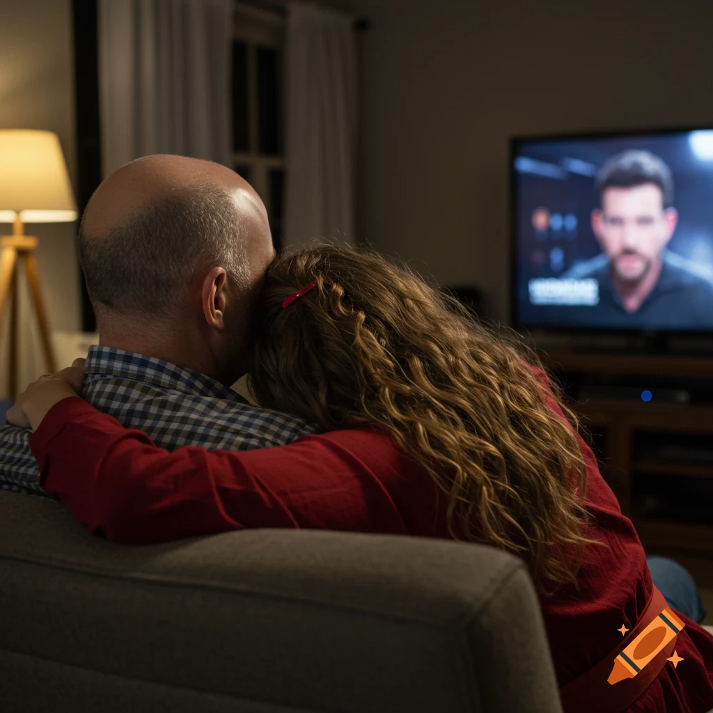 Rear view of a bald man and a woman with long curly hair cuddling on a couch watching TV.