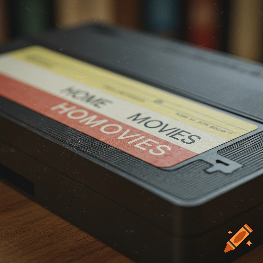 Close-up, angled view of a black VHS tape with yellow and red labels reading "HOME MOVIES" and "HOMOVIES".