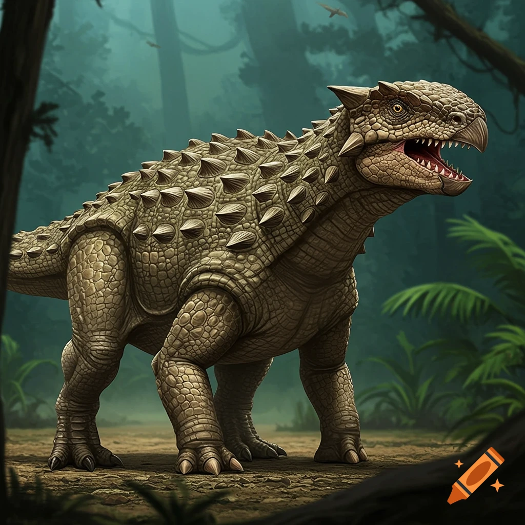 A hybrid dinosaur stands in a dense jungle.
