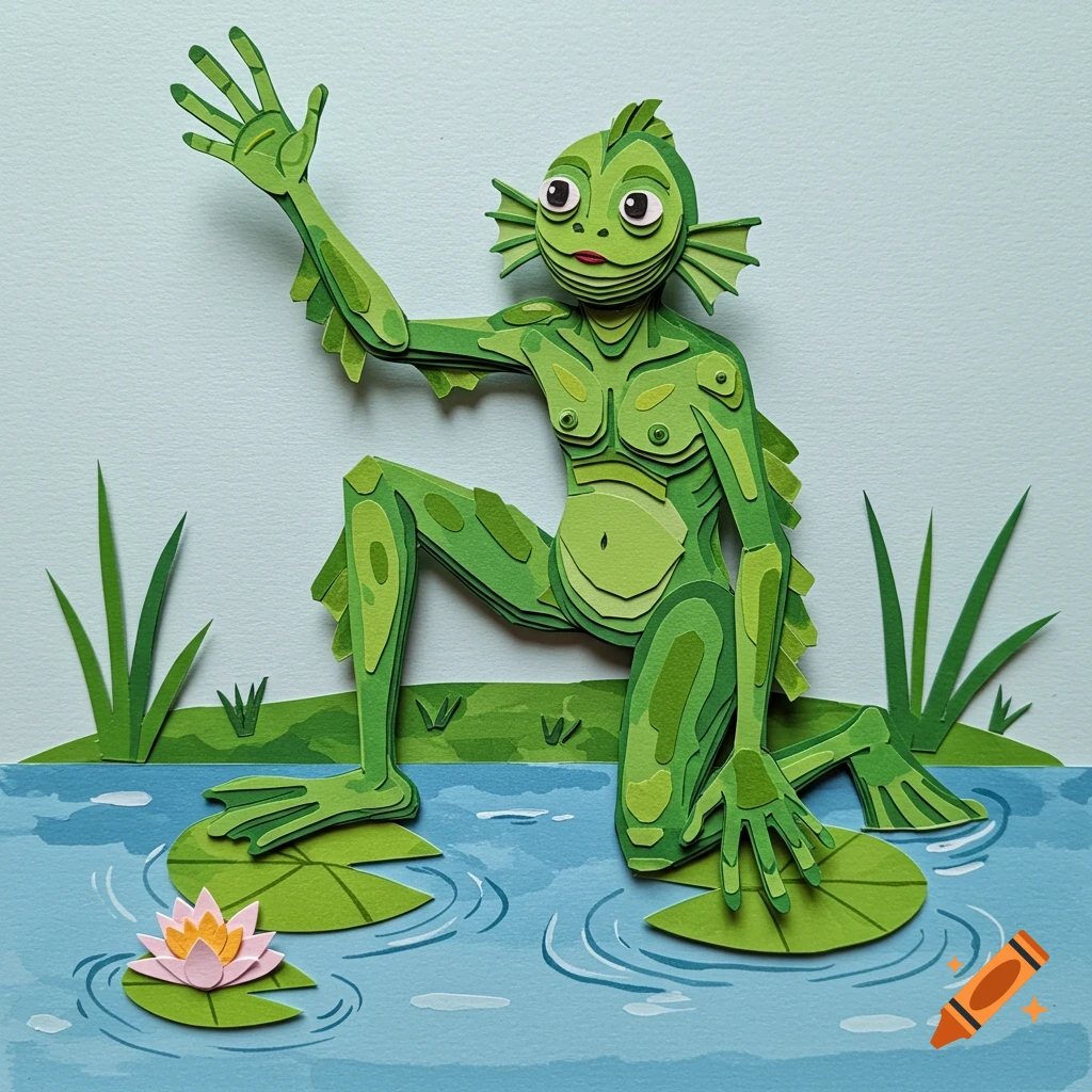 Paper art of a green amphibious creature sitting on lily pads in a pond