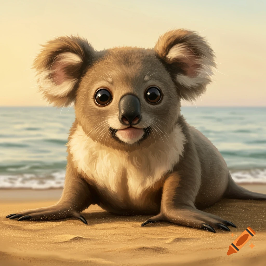 A cute koala-seal hybrid animal lies on a sandy beach by the ocean at sunset.
