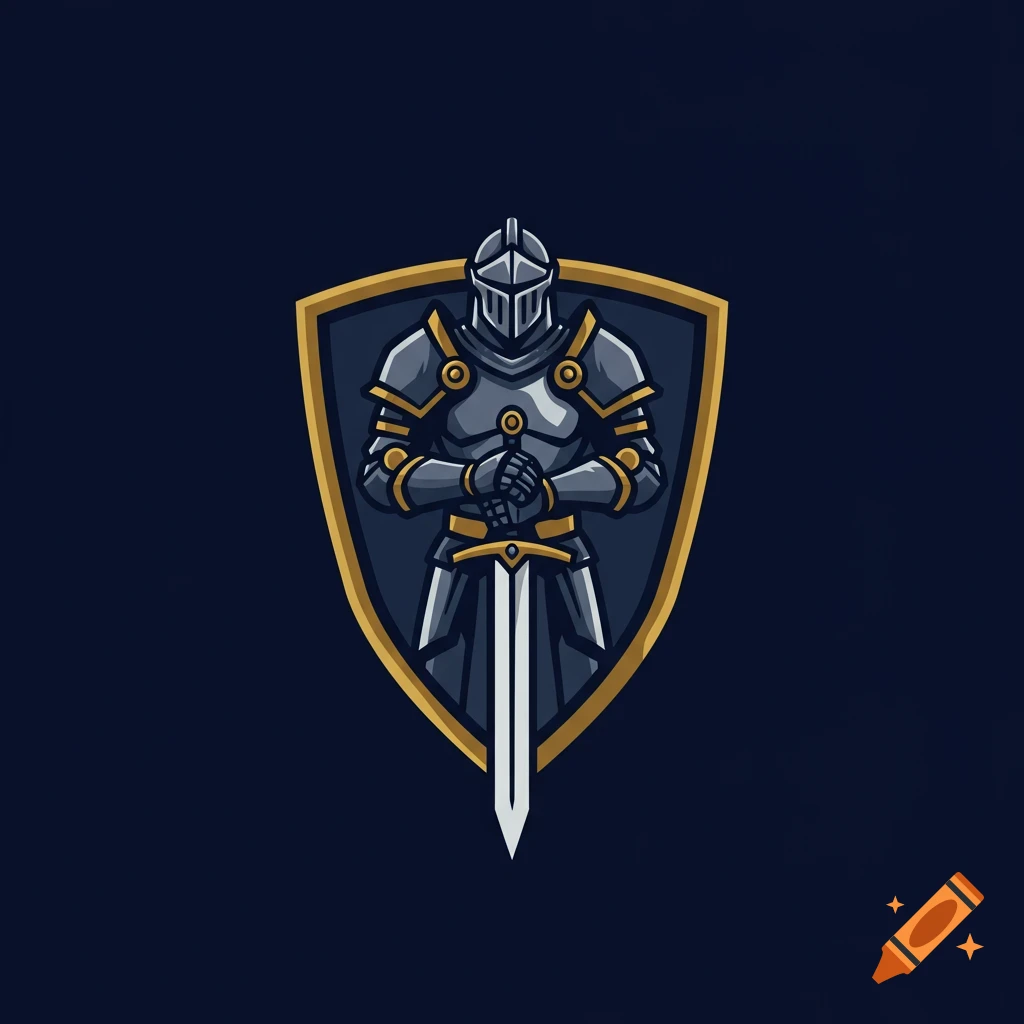 Logo of a knight in armor holding a sword within a shield.