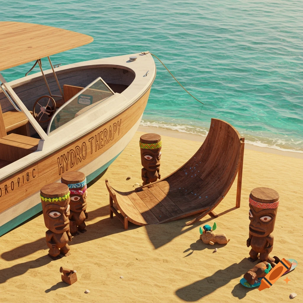 A 3D render of a boat named Hydro Therapy docked on a sandy beach with tiki statues, a wooden halfpipe, and a small dog.