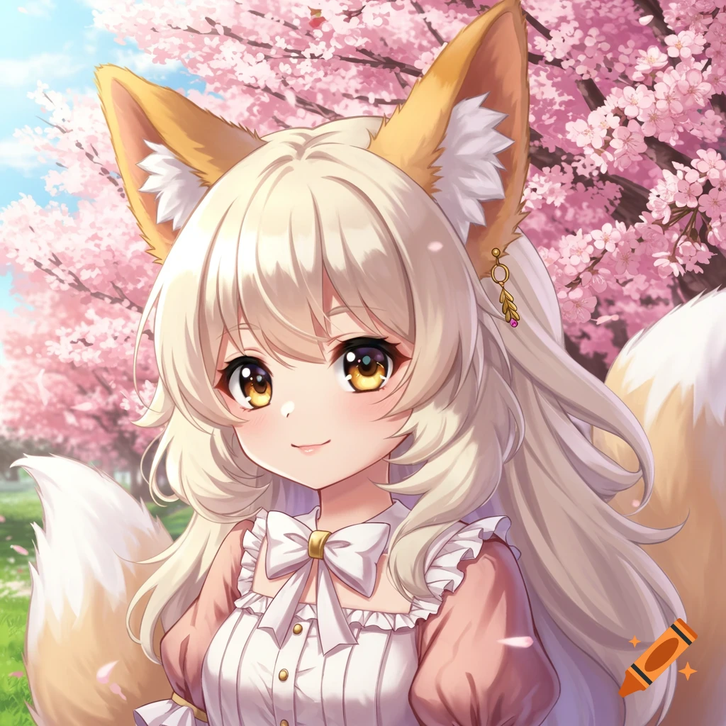 Cute anime fox girl with golden eyes smiling among pink cherry blossoms in a sunny park.