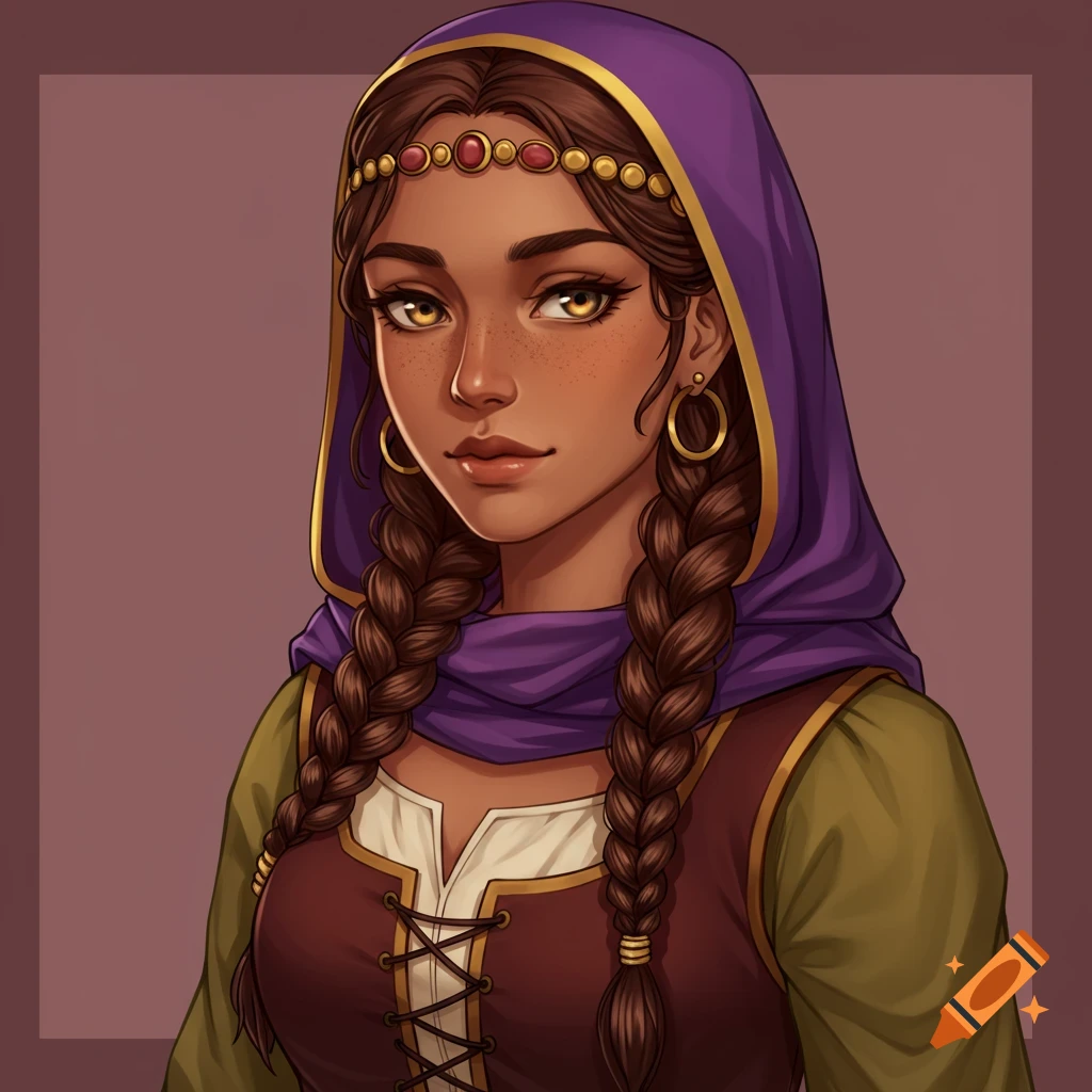 Anime portrait of a woman with braided hair, purple headscarf, and historical clothing.