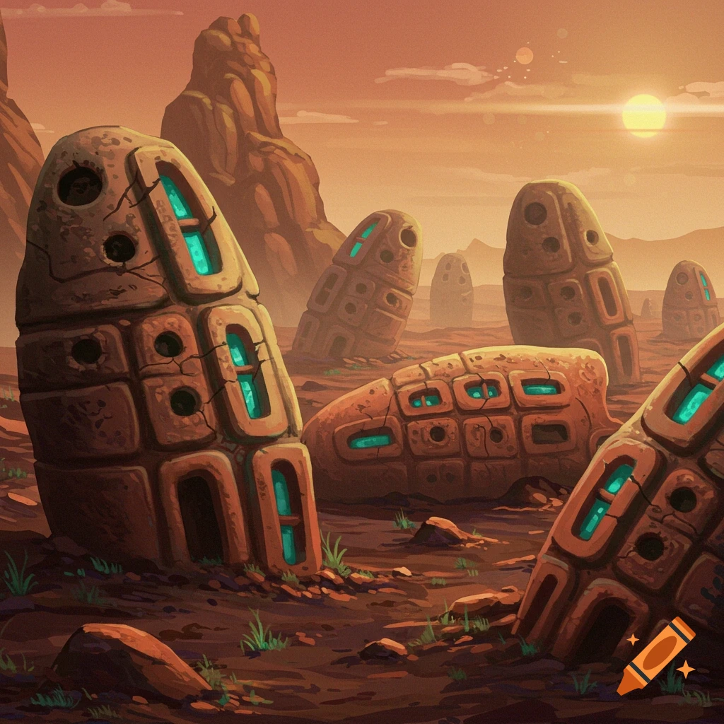 Strange rock pods with glowing windows in a desert landscape at sunset.
