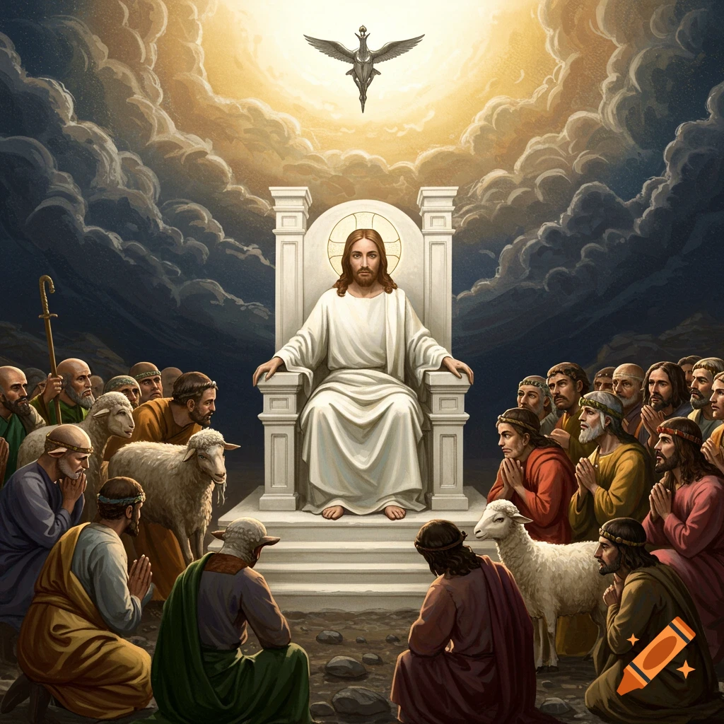 Jesus on a throne surrounded by followers and sheep.