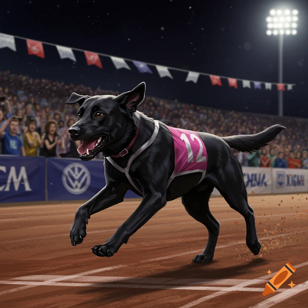 A black dog in a pink vest with "12" races on a track in a stadium with cheering spectators.