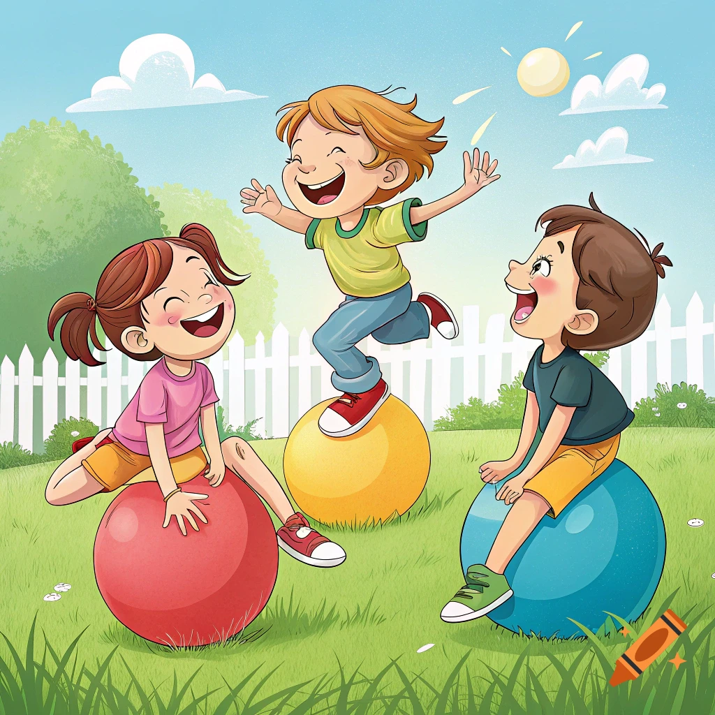 Illustration of children playing on exercise balls in a park.