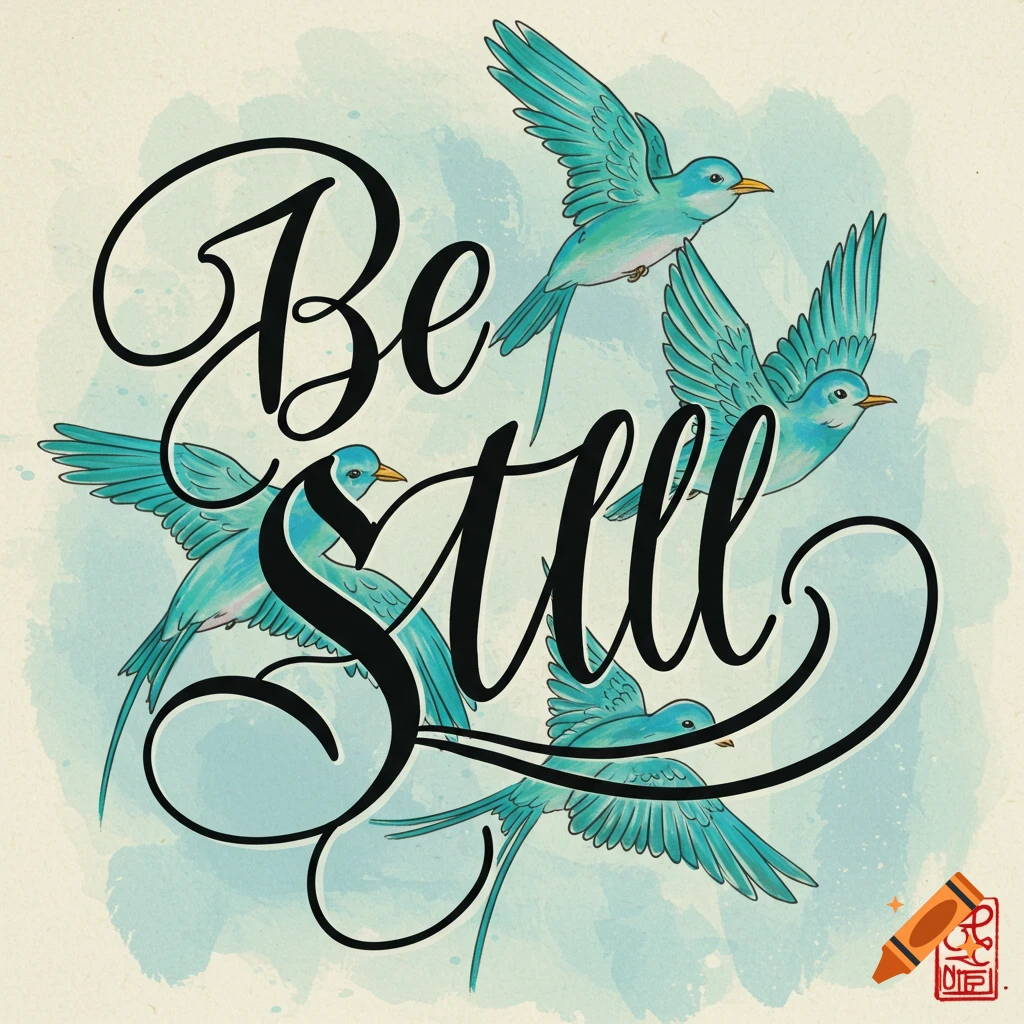 An illustration of blue birds flying around the large script text 'Be Still' on a watercolor background.