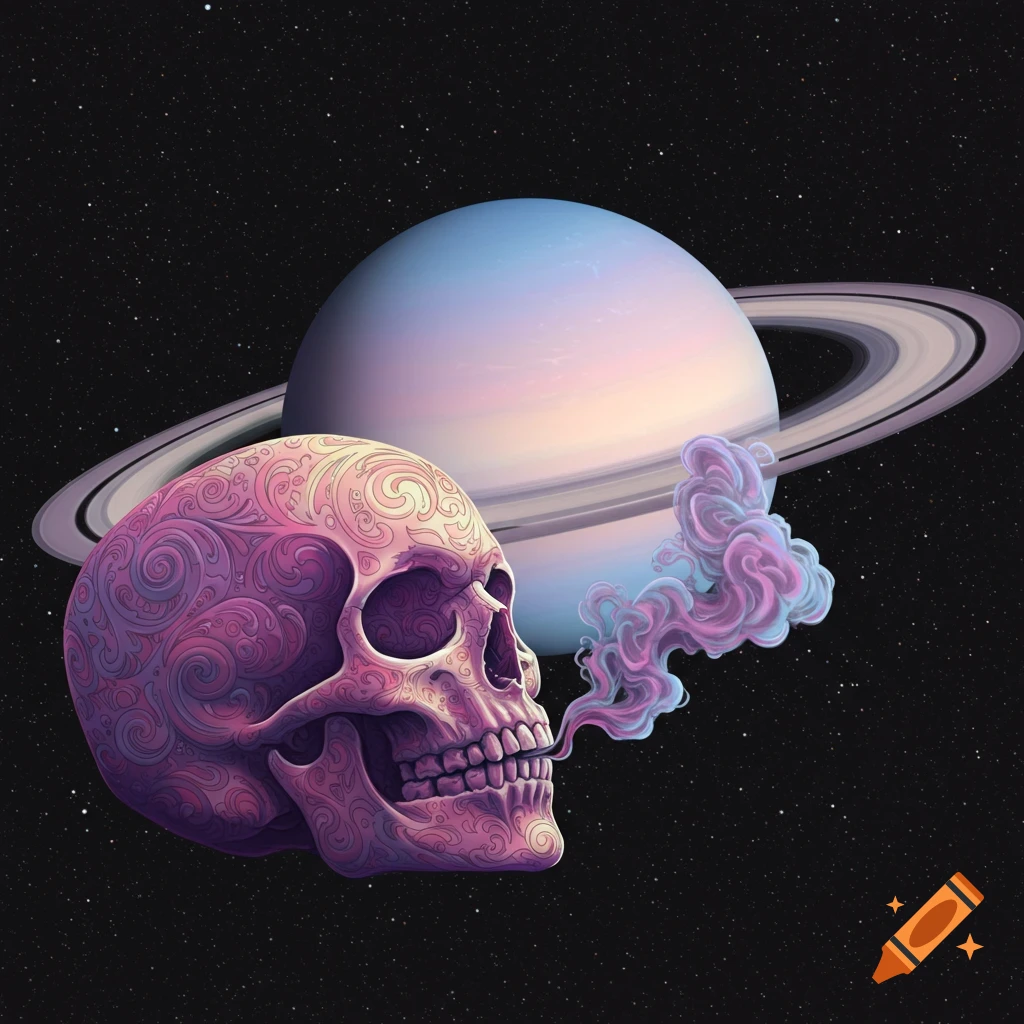 A stylized pink skull smoking blue smoke floats in space with Saturn behind it, digital art.
