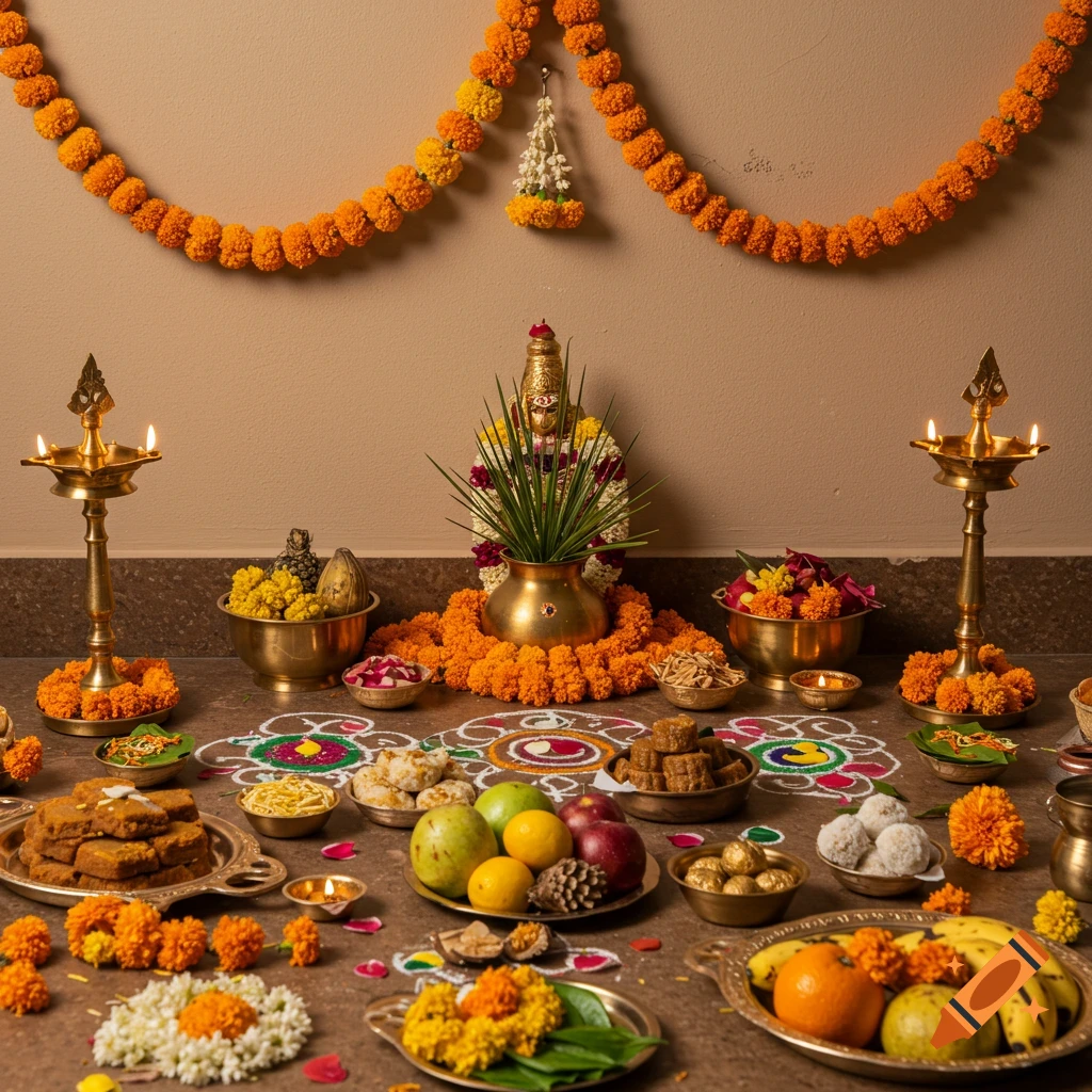 Tamil new year altar with marigold garlands, lamps, fruits, sweets, and an idol.