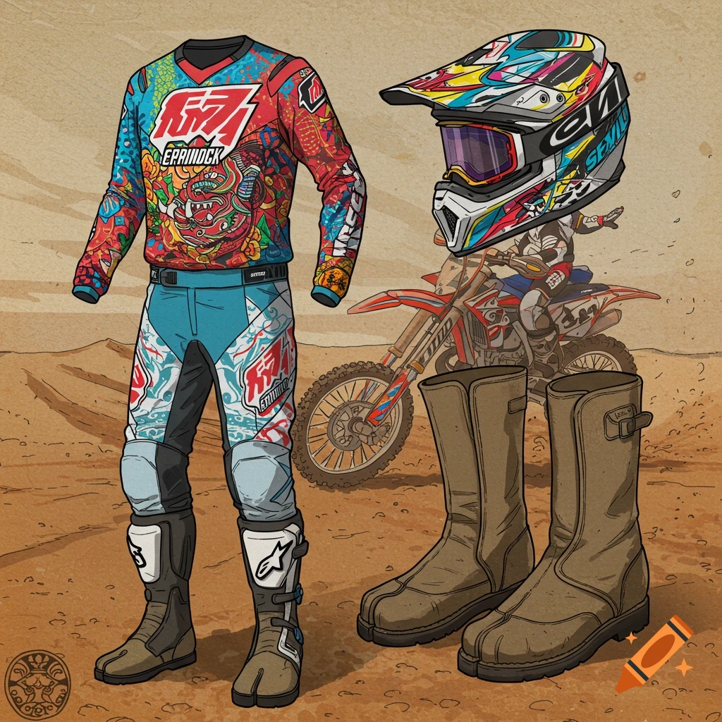 Motocross gear including suit, helmet, and split-toe boots, with a rider on a bike in the background.