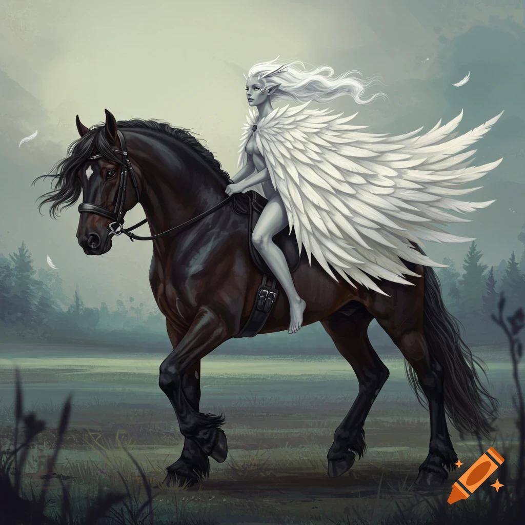 A winged fantasy figure rides a horse through a misty field.