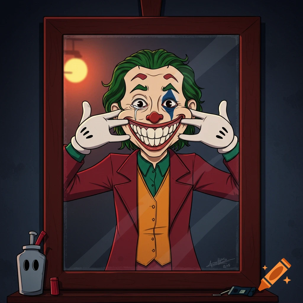 Cartoon figure resembling the Joker forcing a smile in a mirror, styled like a 1930s animation.