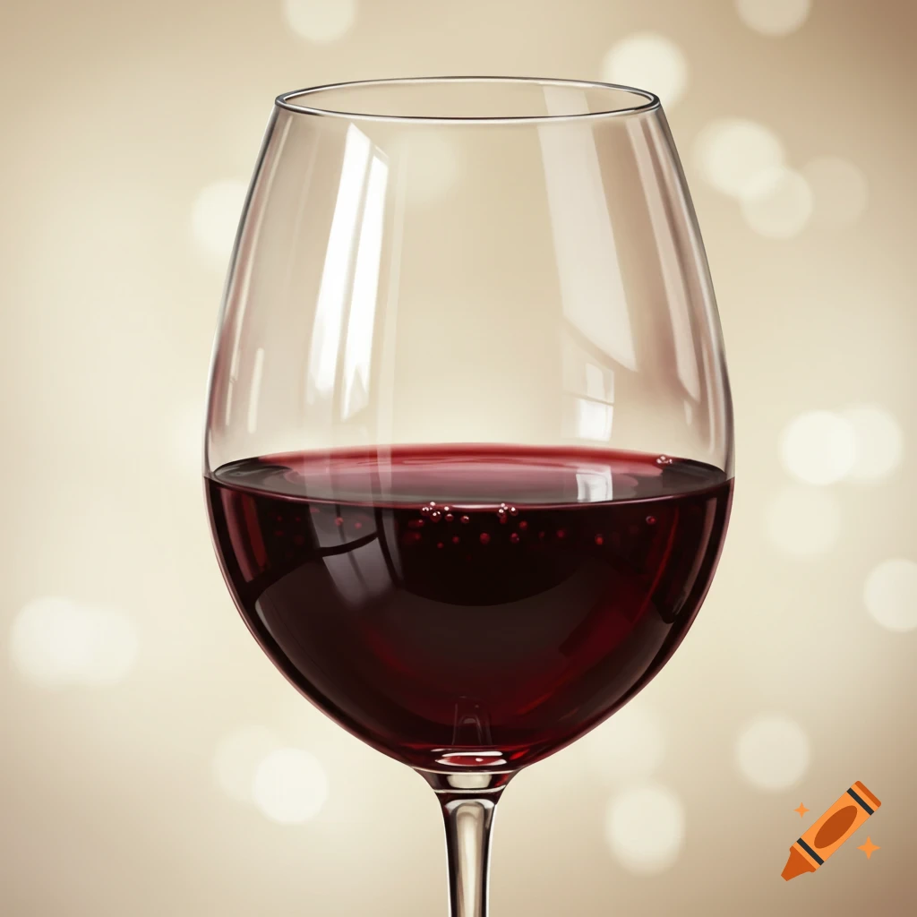 A wine glass filled with red wine against a bokeh background.