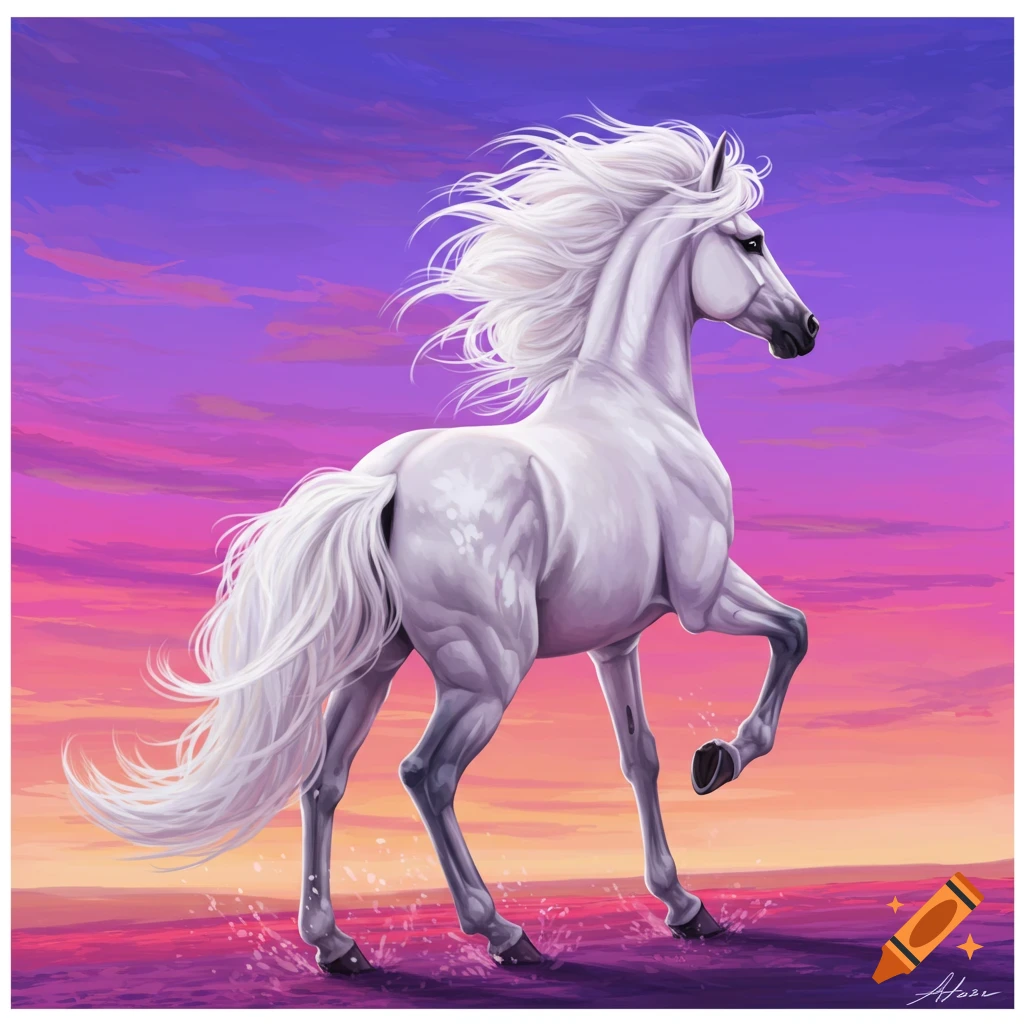 White horse runs through shallow water at sunset