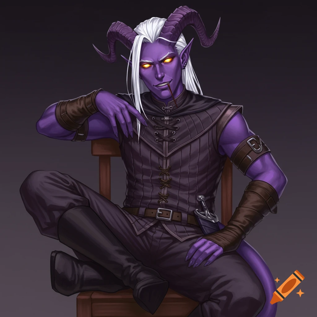A purple-skinned male tiefling with white hair and glowing eyes sits on a chair.