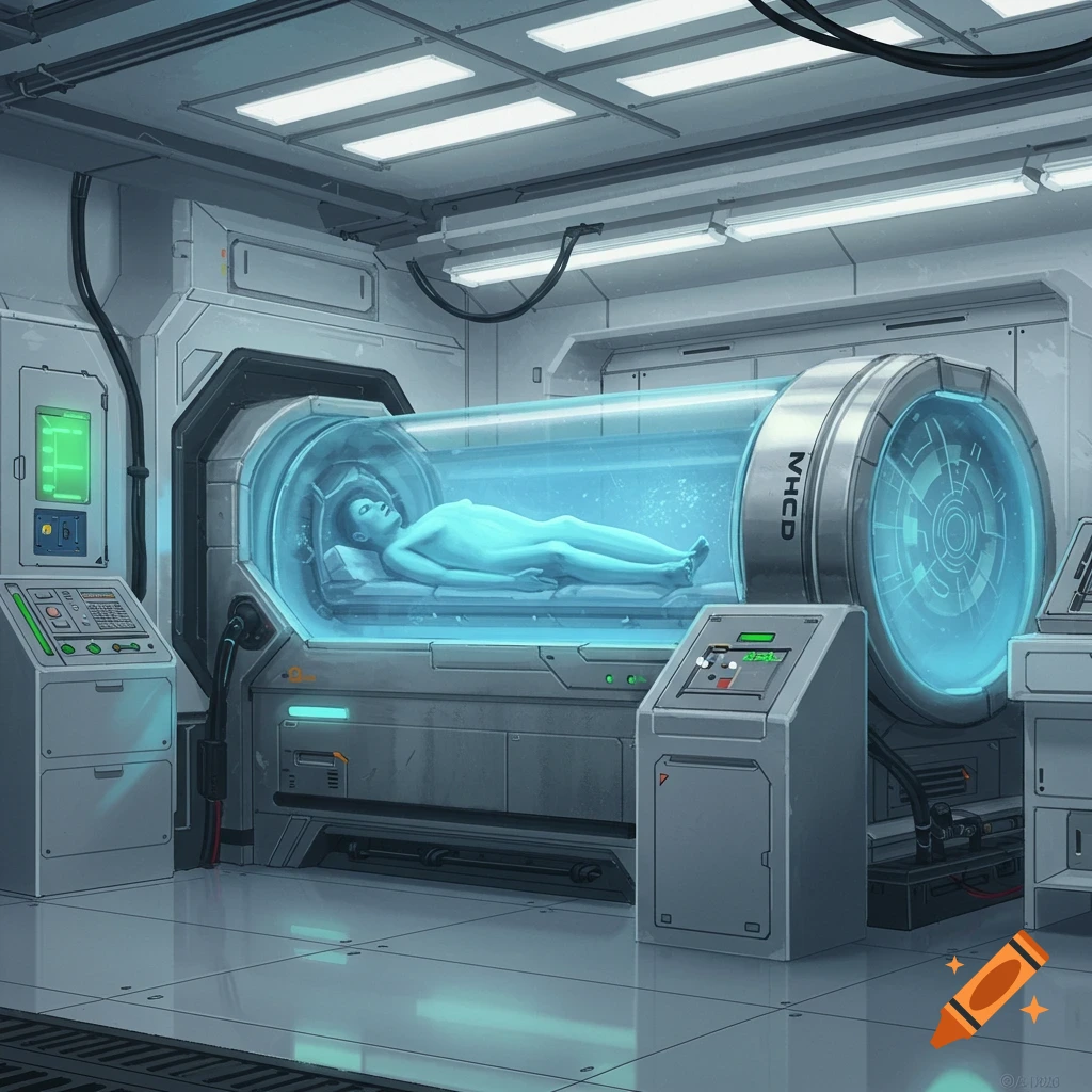 A person is shown in a sci-fi cryo sleep chamber within a futuristic laboratory.