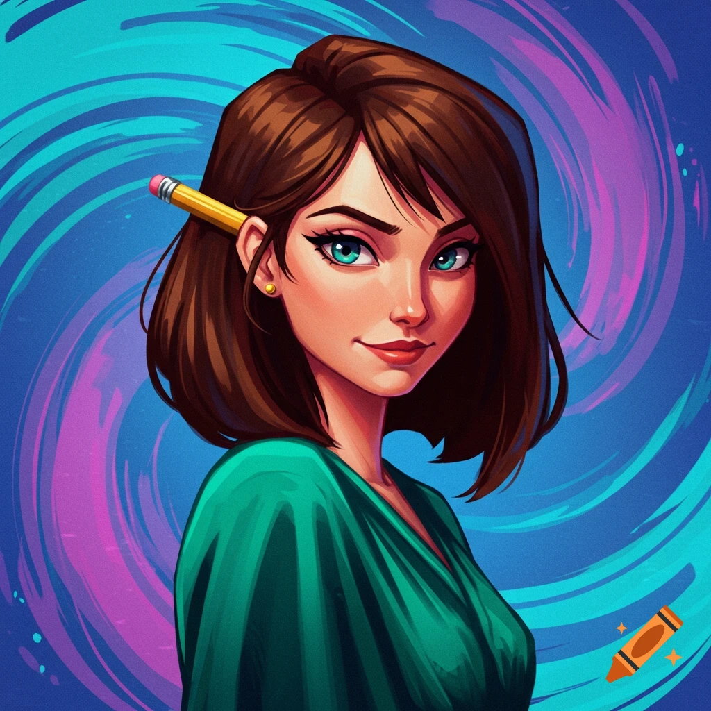 A woman with a pencil behind her ear is shown against a blue and purple spiral background.