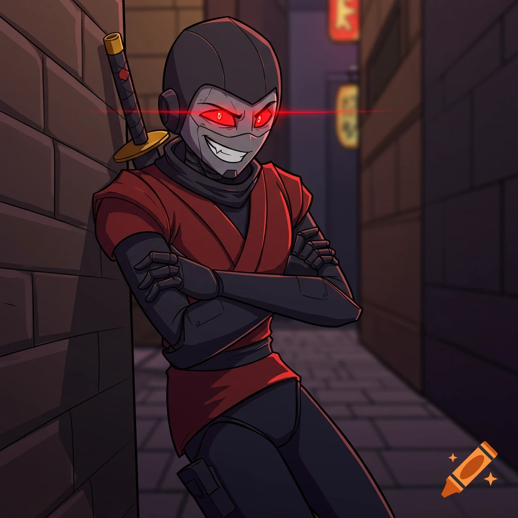 A cartoon robot ninja with glowing red eyes leans against a brick wall in a dark alley, arms crossed.
