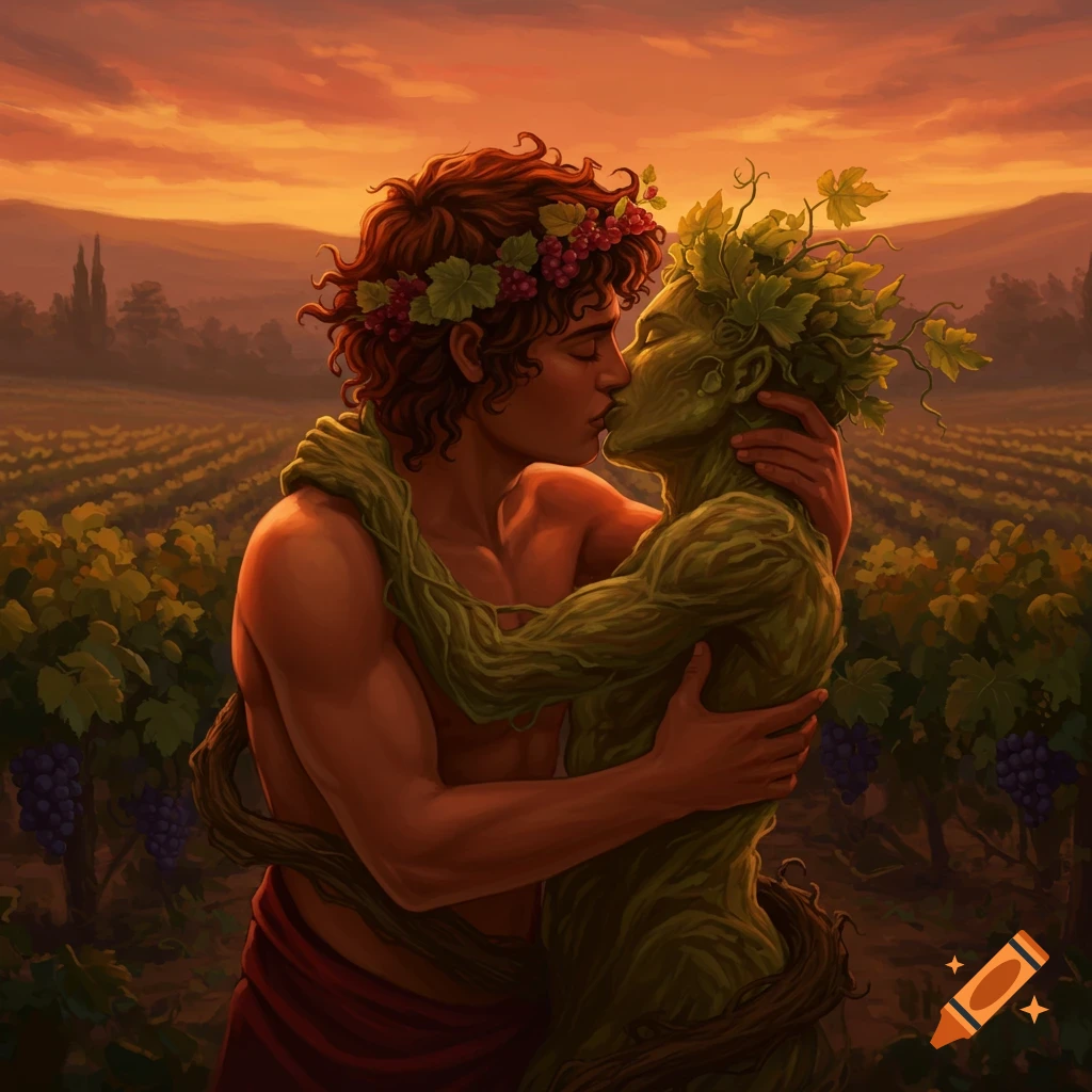 Two figures kissing in a vineyard at sunset, one human-like with vines, the other plant-like.