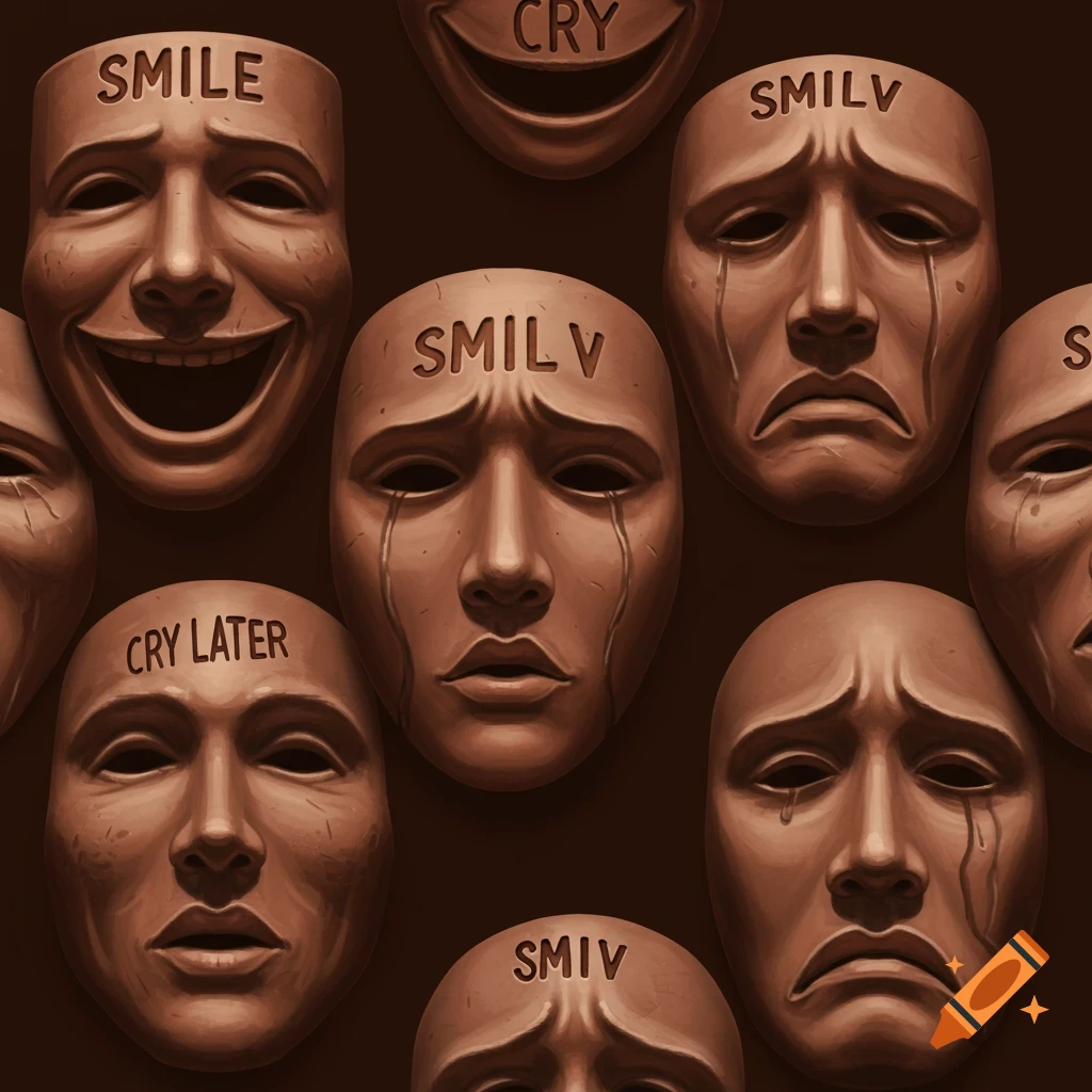 Theatrical masks with various expressions and text