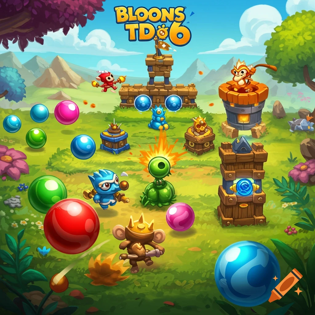 Cartoon landscape with monkey characters, towers, and colorful bloons from Bloons TD 6