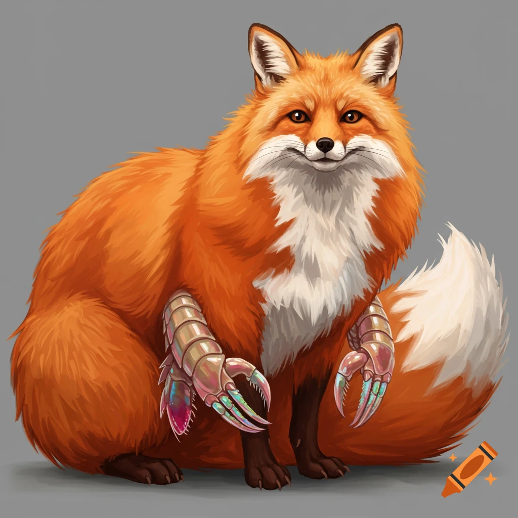 A big fat fox with iridescent mantis shrimp claws for front feet, against a gray background.